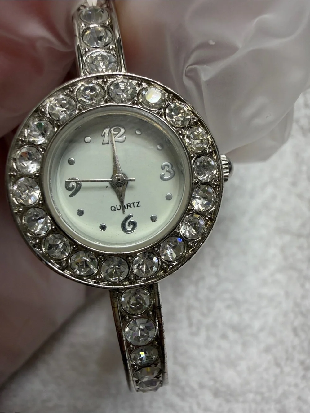 Crystal Accent Silver-Tone Women's Quartz Bangle Watch (needs a battery)